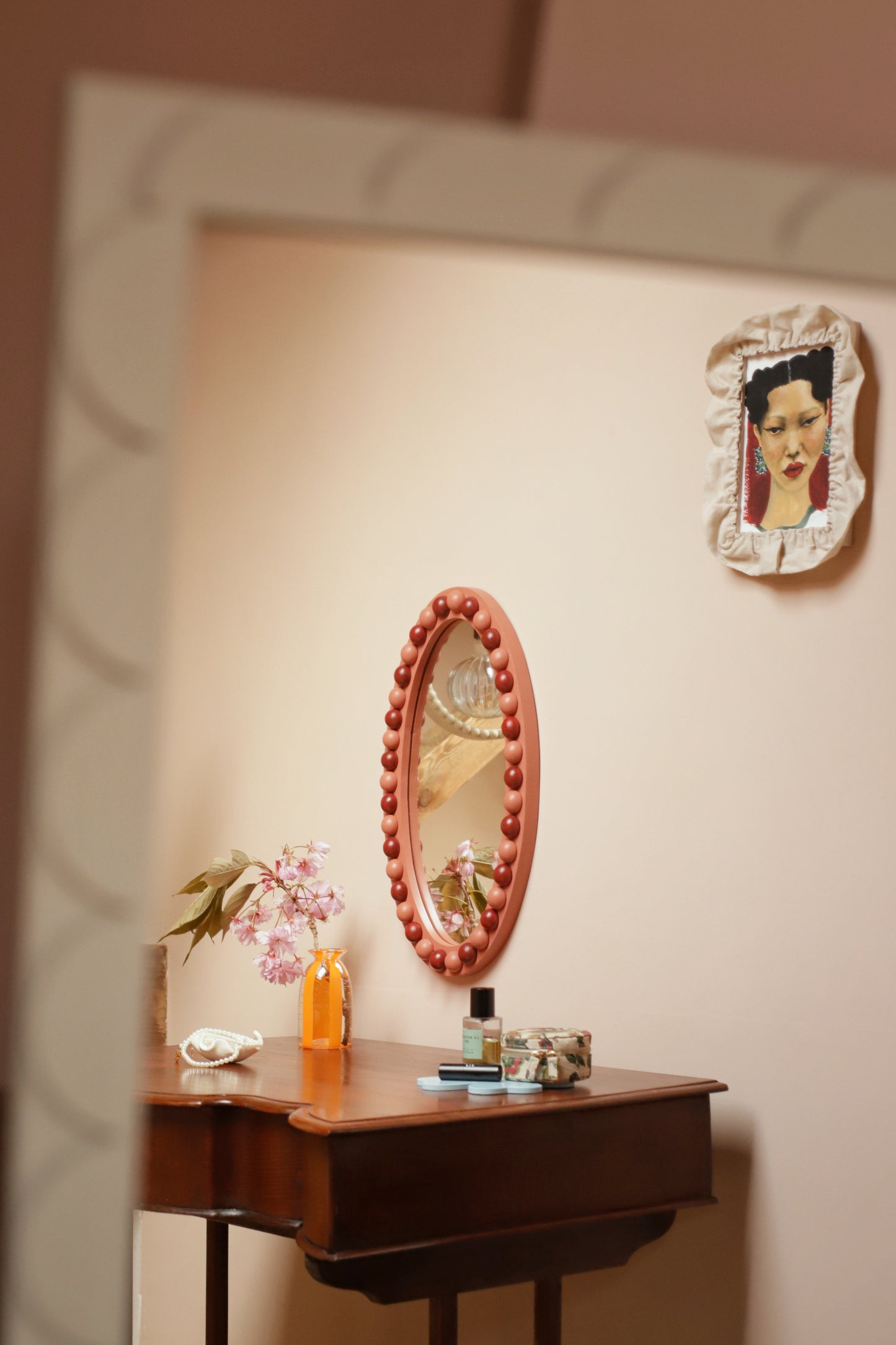 Brick Red & Terracotta Stained Wood Oblong Bobbin Mirror